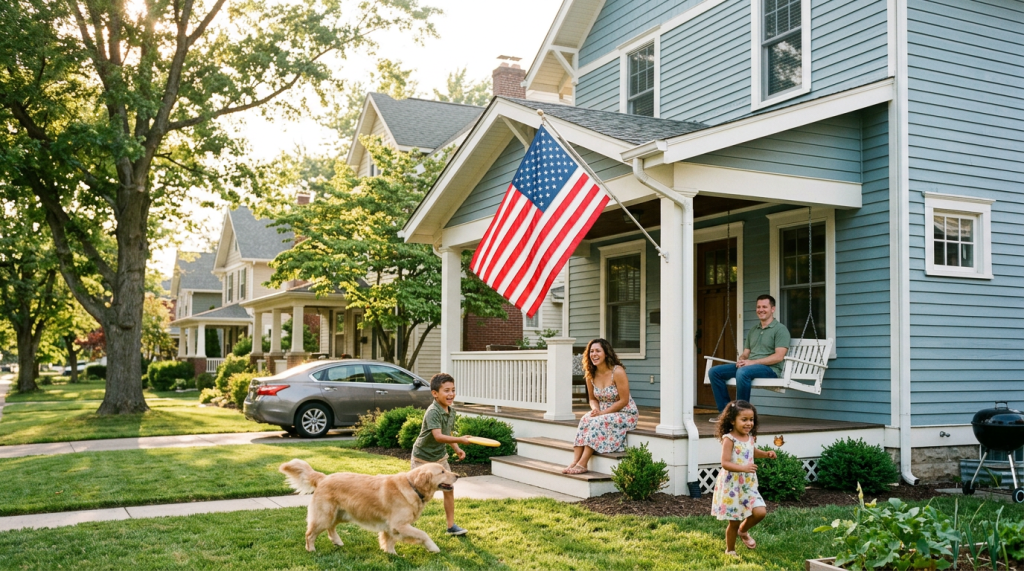 Family with two children and a golden retriever playing on the front lawn of a blue house with an American flag