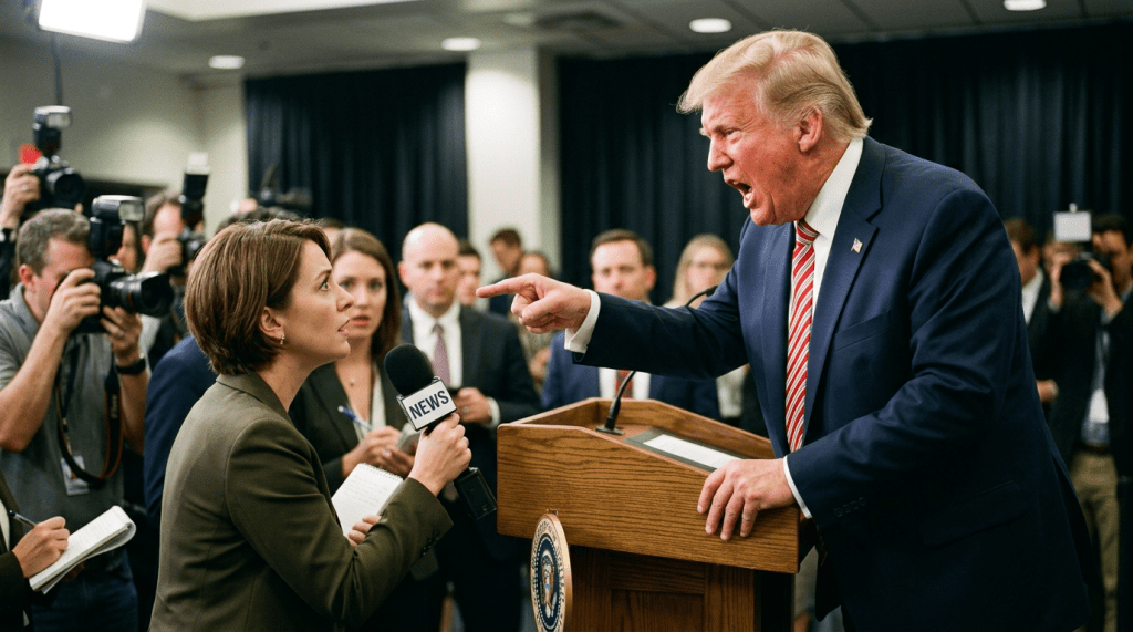 Politician angrily pointing and speaking at a journalist holding a microphone labeled news