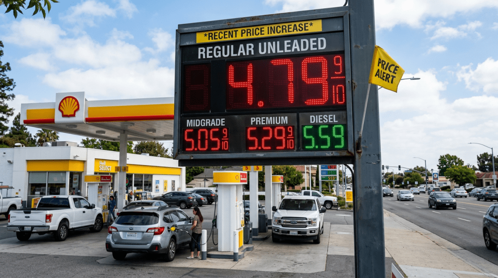 Digital sign showing Shell gas prices: Regular $4.79, Midgrade $5.05, Premium $5.29, Diesel $5.59
