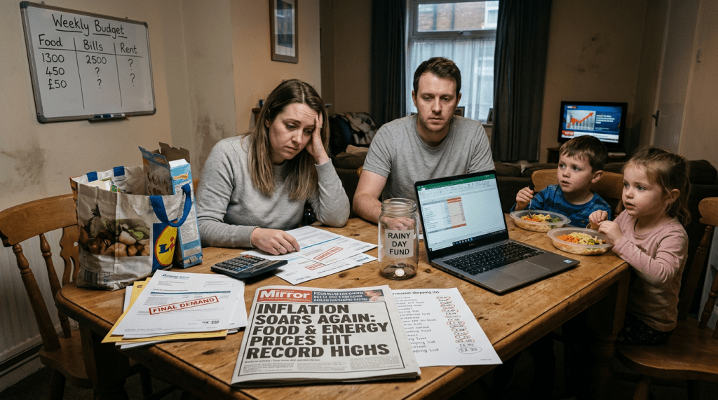 Worried family sitting at table with bills, calculator, laptop, and newspaper about inflation
