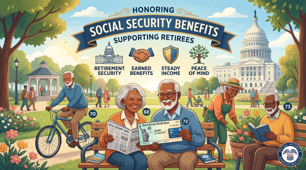 Group of smiling senior adults engaged in activities like reading, biking, and gardening in a park with U.S. Capitol building in background and social security benefits icons