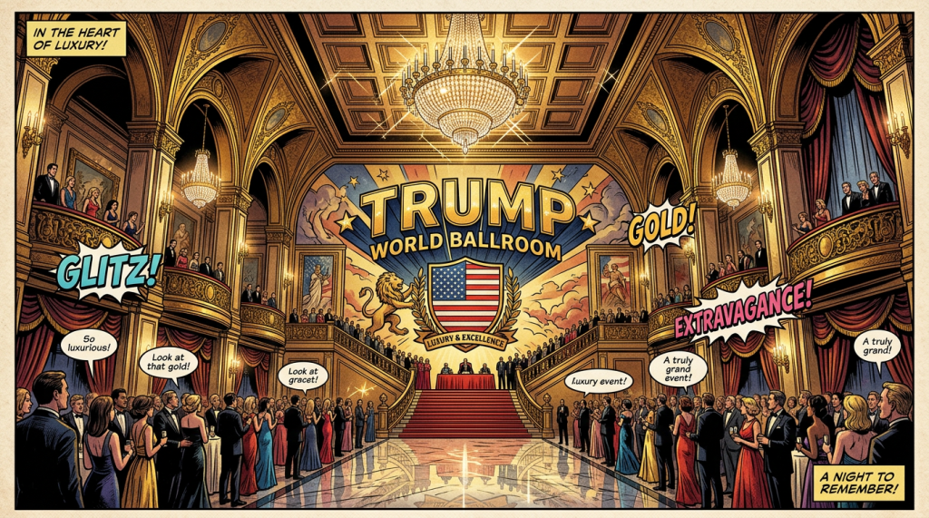 Crowd in formal attire inside ornate Trump World Ballroom with chandeliers and red carpet