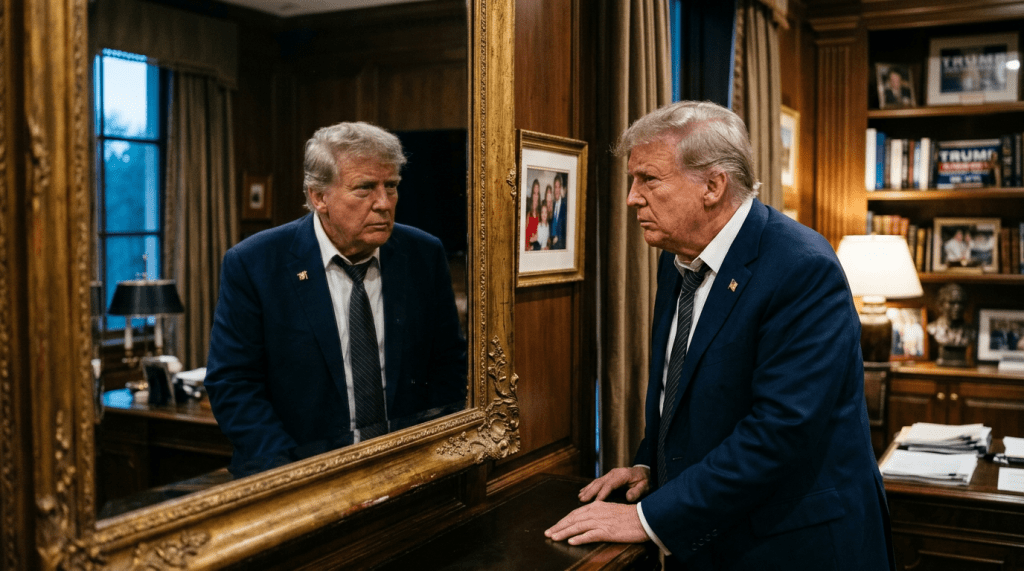 Man in blue suit leaning on desk, looking at his reflection in an ornate mirror in an office
