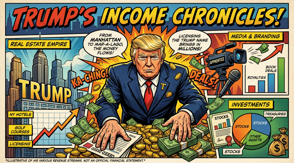 Comic illustration of Donald Trump with money, charts, and labels showing income from real estate, media, and investments.