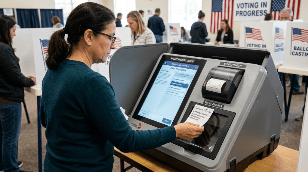 Woman printing a ballot with a ballot marking device at a voting station