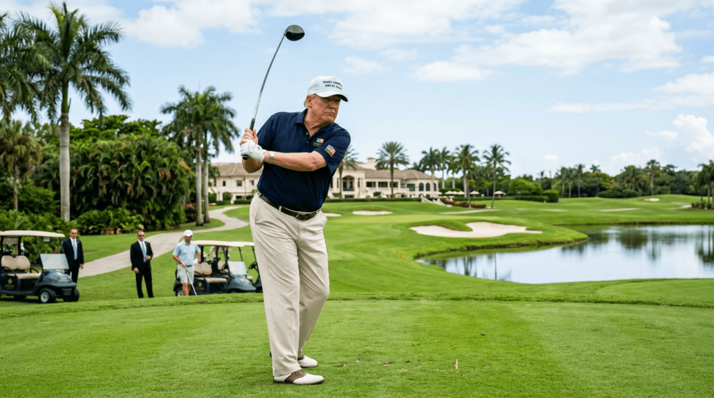 Golfer in navy shirt and white pants completing a swing on a golf course near water and palm trees