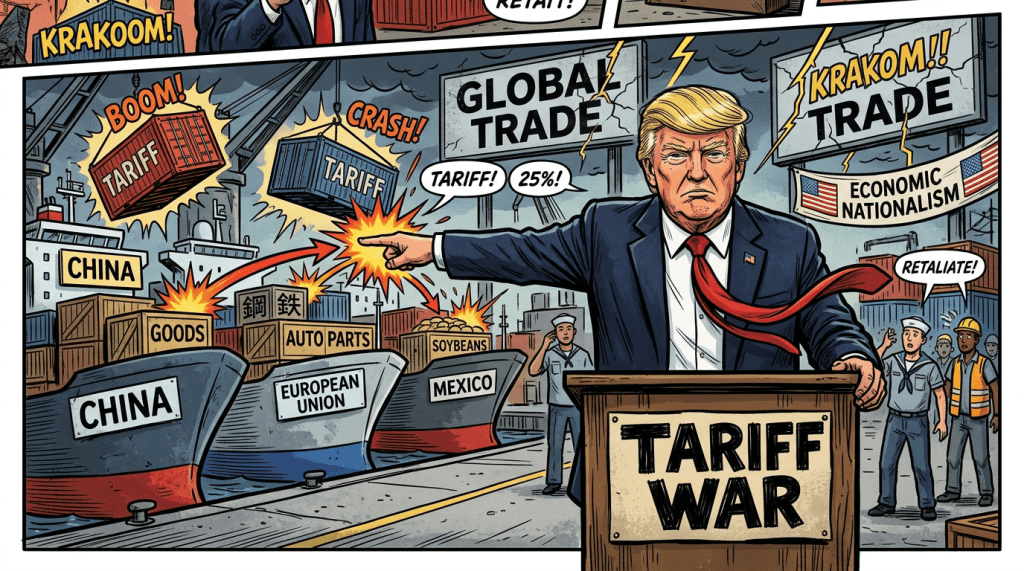 Political cartoon of a man pointing at cargo ships labeled China, European Union, Mexico with tariff containers causing explosions and trade conflict
