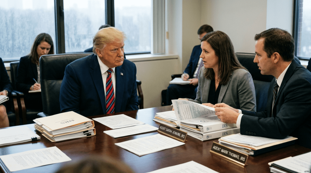 Donald Trump in a suit and tie talking with two IRS agents with paperwork and folders on the table