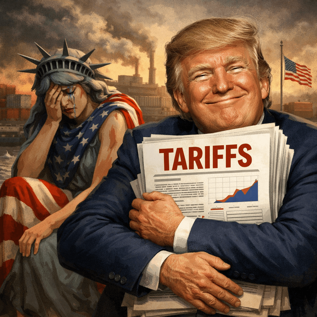Donald Trump hugging papers labeled tariffs with a sad, crying Statue of Liberty draped in the American flag