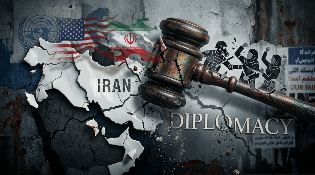 Cracked gavel breaking over map of Iran with USA and Iran flags and protest figures