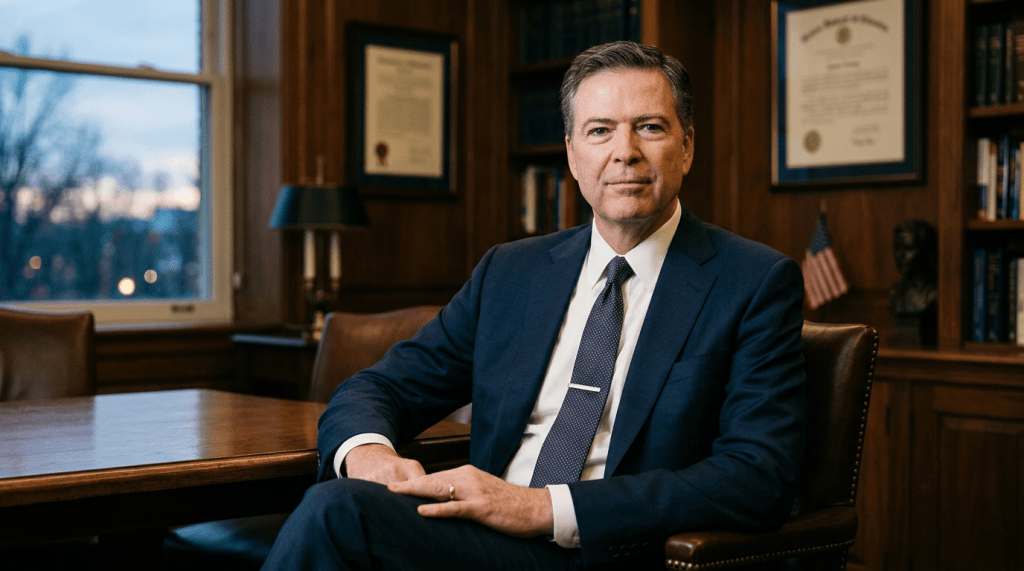 Man in dark suit sitting at a wooden table in a law office