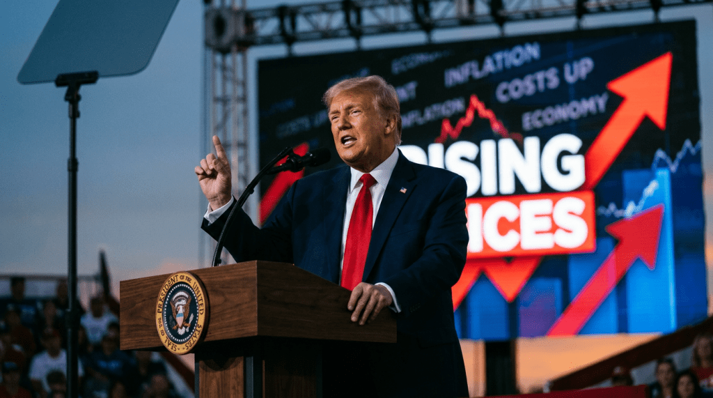 Former U.S. president giving speech at podium with 'Rising Prices' and inflation graphics behind him