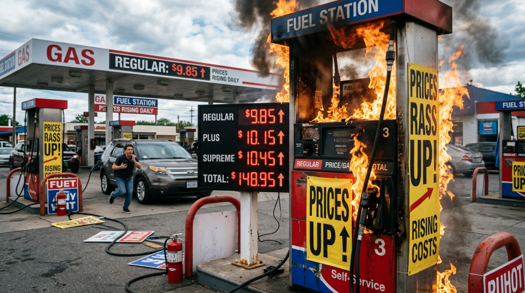 Gas pump on fire at a gas station with signs showing high fuel prices and warnings