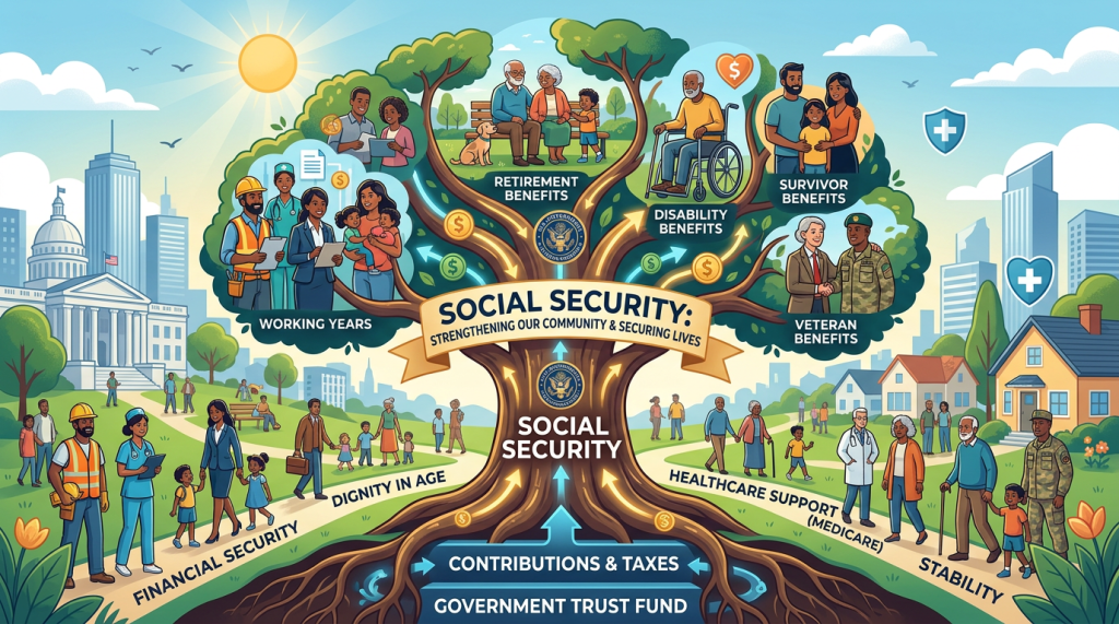 Illustration of a Social Security tree depicting working years, retirement, disability, survivor and veteran benefits, and healthcare support