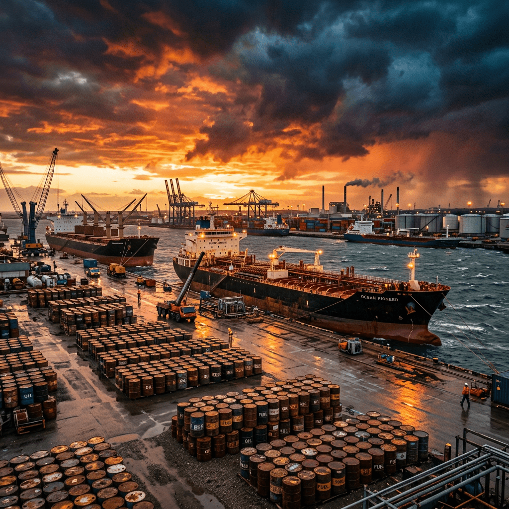Oil tankers moored at an industrial port with barrels on the dock and a dramatic sunset sky