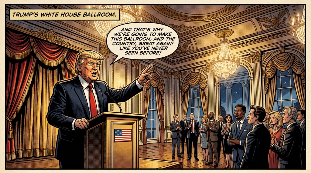 Donald Trump speaking at a podium in the White House ballroom with an audience listening