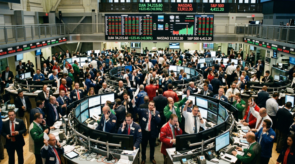 Busy stock exchange trading floor beneath electronic market index boards