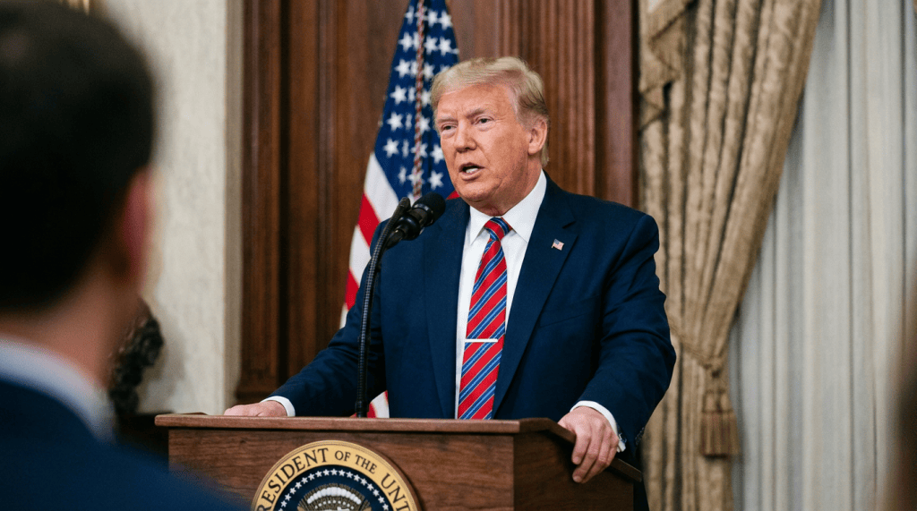 Donald Trump speaking at a podium with the American flag behind him