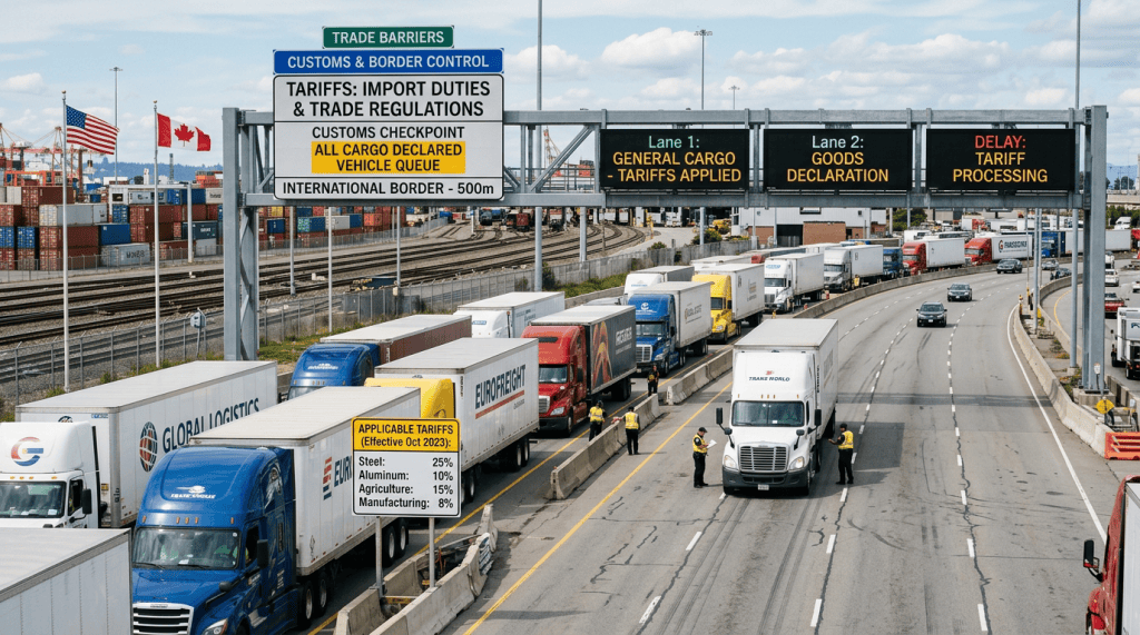 Trucks queue beneath tariff signs at a Canada–U.S. customs checkpoint