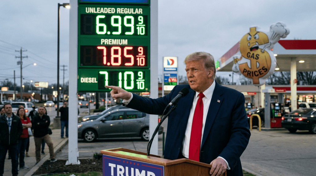 Donald Trump points while speaking beside gas prices and a TRUMP podium