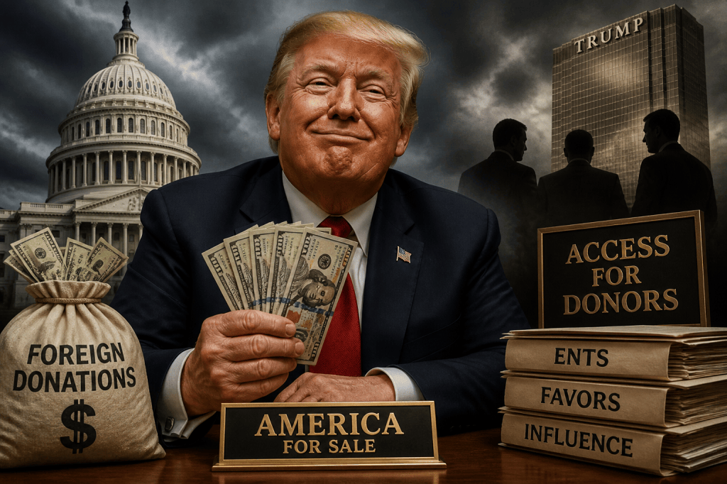 Donald Trump holds cash before the Capitol and Trump Tower; signs read FOREIGN DONATIONS, AMERICA FOR SALE, ACCESS FOR DONORS, ENTS, FAVORS, INFLUENCE, and TRUMP.