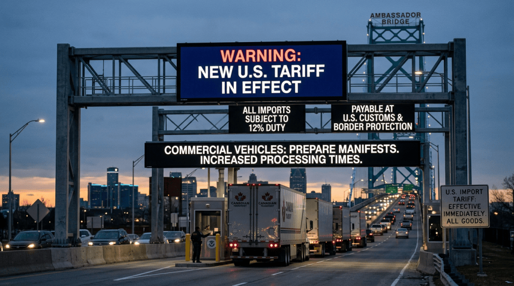 Ambassador Bridge border crossing with signs reading WARNING: NEW U.S. TARIFF IN EFFECT; ALL IMPORTS SUBJECT TO 12% DUTY; PAYABLE AT U.S. CUSTOMS & BORDER PROTECTION; COMMERCIAL VEHICLES: PREPARE MANIFESTS. INCREASED PROCESSING TIMES.; U.S. IMPORT TARIFF: EFFECTIVE IMMEDIATELY. ALL GOODS.