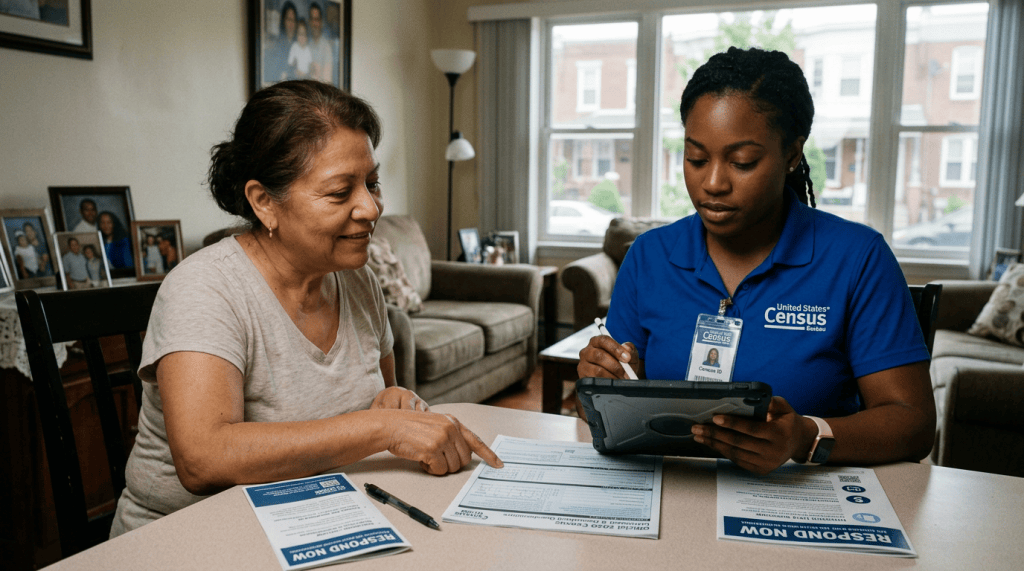 Census representative helping resident complete a questionnaire at home