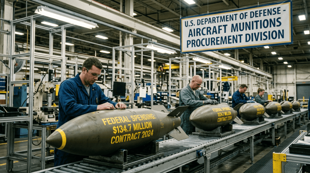 Workers assemble bomb-shaped munitions; sign reads “U.S. Department of Defense – Aircraft Munitions Procurement Division.”