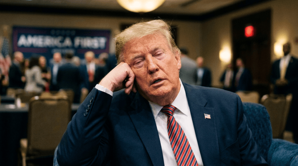 Donald Trump seated in a blue armchair at a political gathering