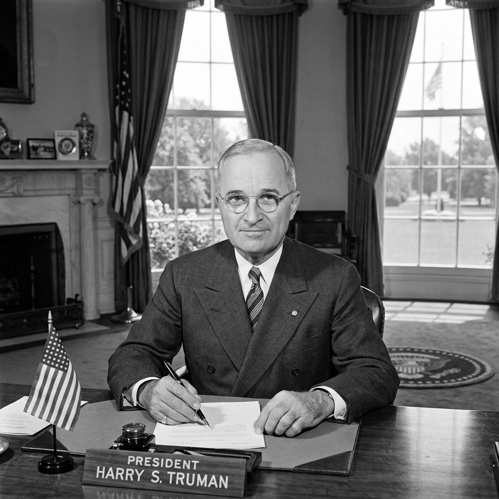 President Harry S. Truman signing a document at his desk