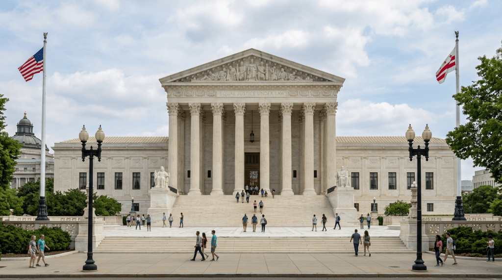 United States Supreme Court building with visitors and American and Washington, D.C. flags