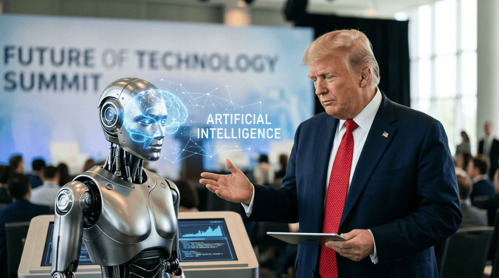 Future of Technology Summit; Artificial Intelligence; man speaks with humanoid robot
