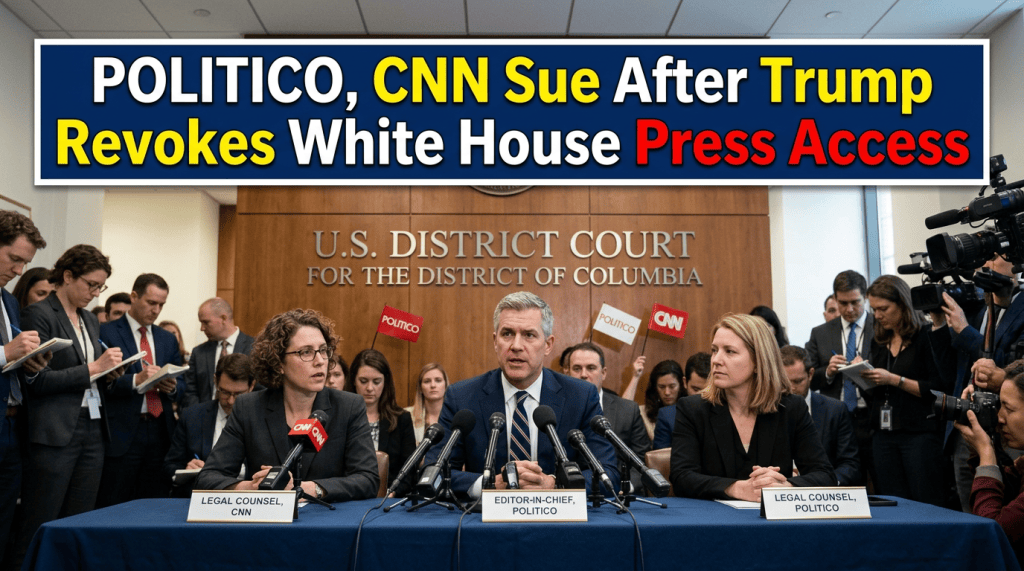 Headline reads “POLITICO, CNN Sue After Trump Revokes White House Press Access”; U.S. District Court for the District of Columbia hearing with legal counsel for CNN, POLITICO editor-in-chief, and legal counsel for POLITICO.