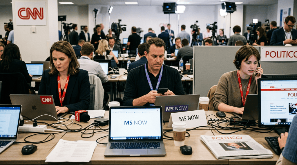 Busy newsroom with CNN, Politico, and MS NOW branding