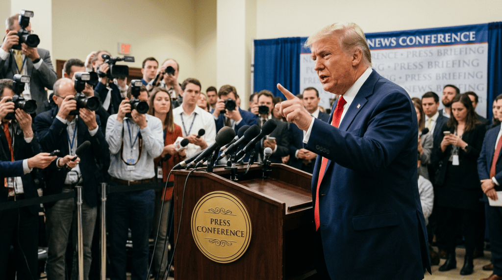 Donald Trump speaking at a press conference surrounded by journalists
