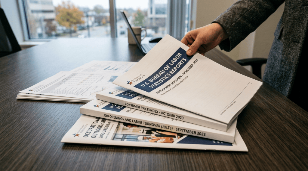 Hand holding U.S. Bureau of Labor Statistics reports, including CPI and JOLTS