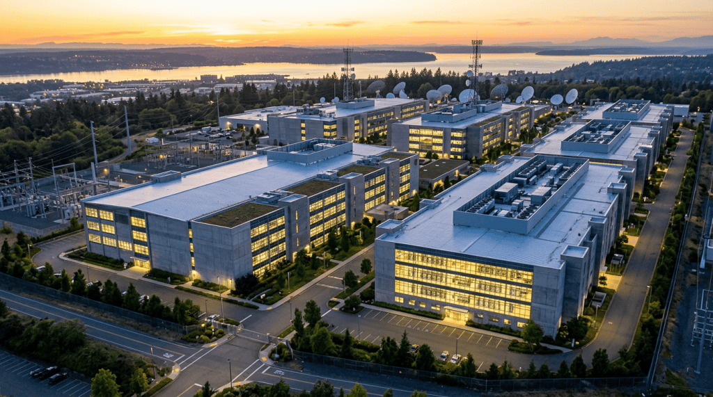 Aerial view of a technology campus with satellite dishes at sunset