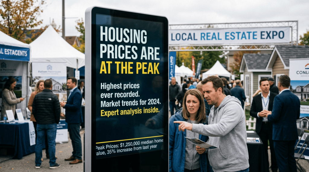 Digital sign reads Housing prices are at the peak; highest prices ever recorded; market trends for 2024; expert analysis inside; peak prices: $1,250,000 median home value, 35% increase from last year. Banner reads Local Real Estate Expo.