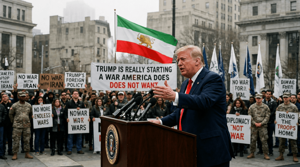 Donald Trump speaks before protesters holding antiwar signs and an Iranian flag