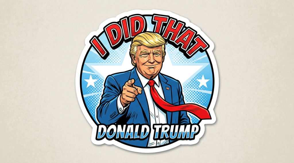 Comic-style Donald Trump pointing with text reading “I DID THAT” and “DONALD TRUMP”