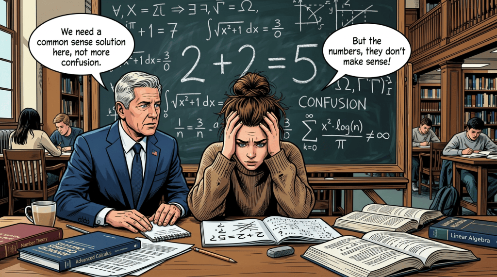 Stressed student at desk before a chalkboard filled with mathematical equations