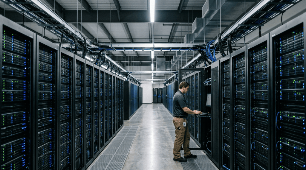 Technician working at a server rack in a data center