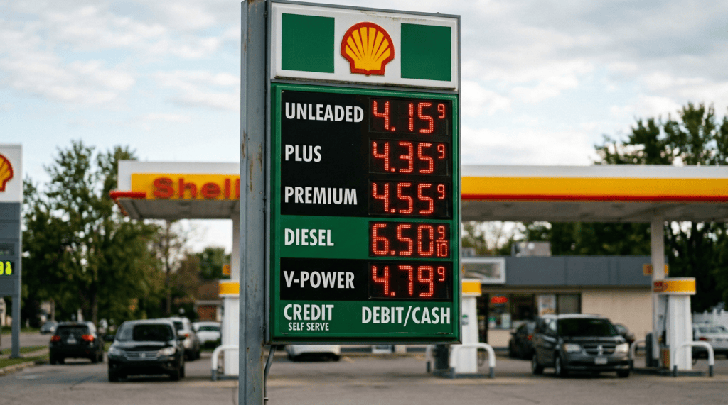 Shell fuel price sign listing Unleaded 4.15, Plus 4.35, Premium 4.55, Diesel 4.89, and V-Power 4.79; Credit self serve and Debit/Cash.