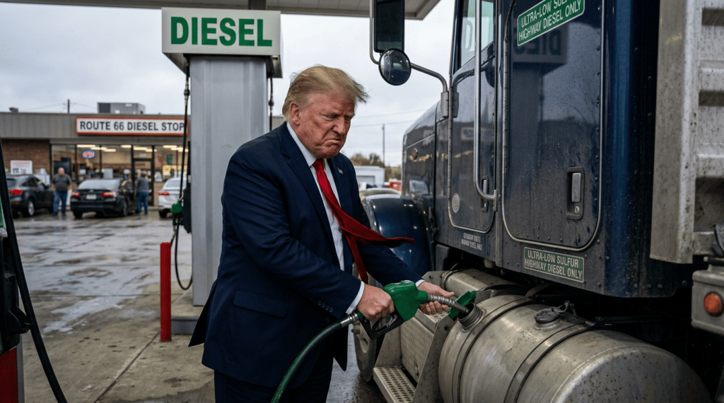 Suited man fueling a truck with diesel at a gas station