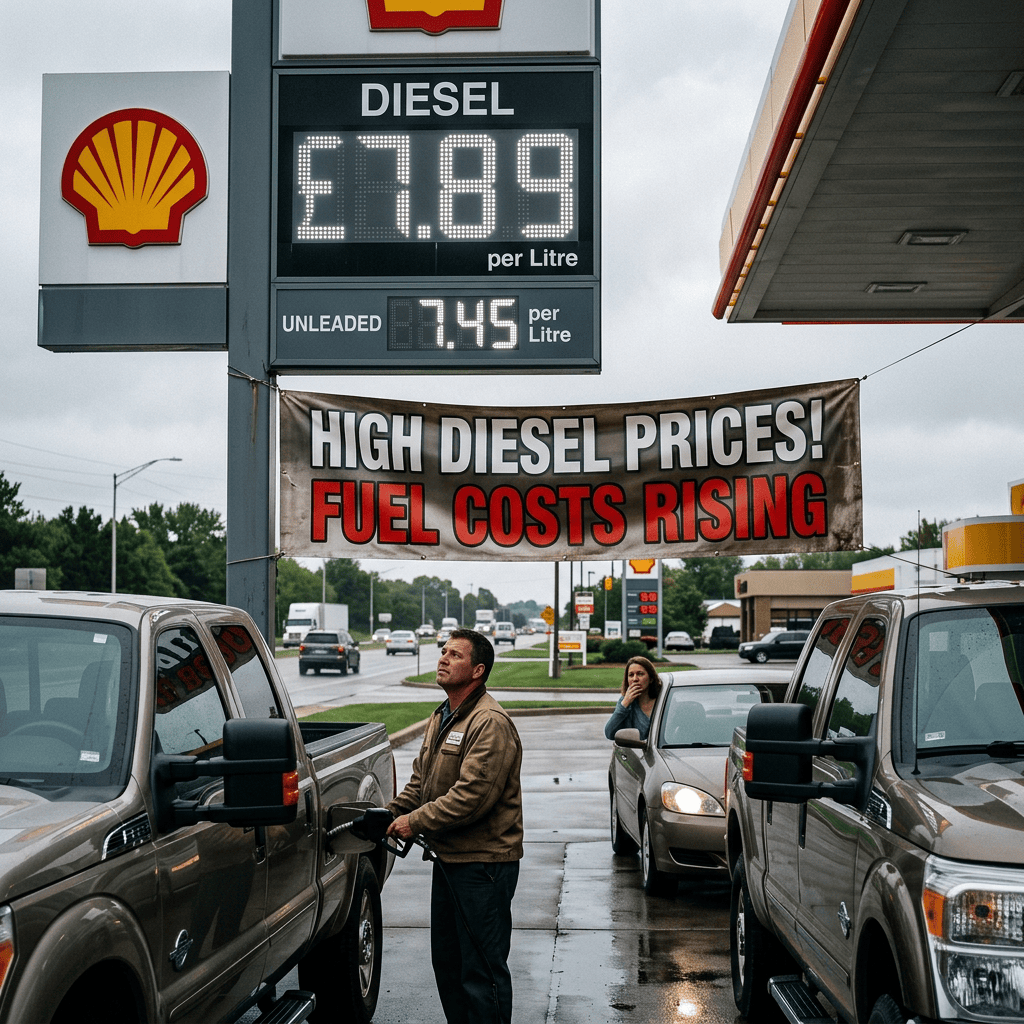 Shell station showing diesel £7.89 and unleaded £7.45 per litre beside a fuel costs rising banner
