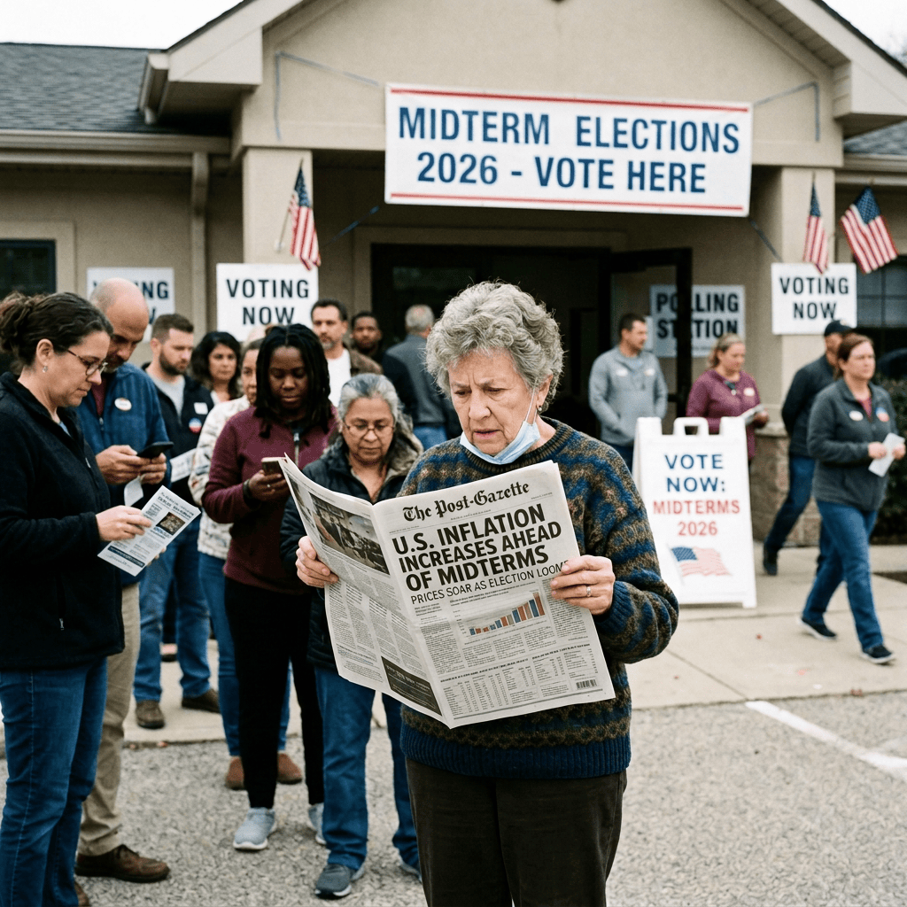Crowd outside polling station with signs reading “MIDTERM ELECTIONS 2024 - VOTE HERE” and “VOTING NOW.”