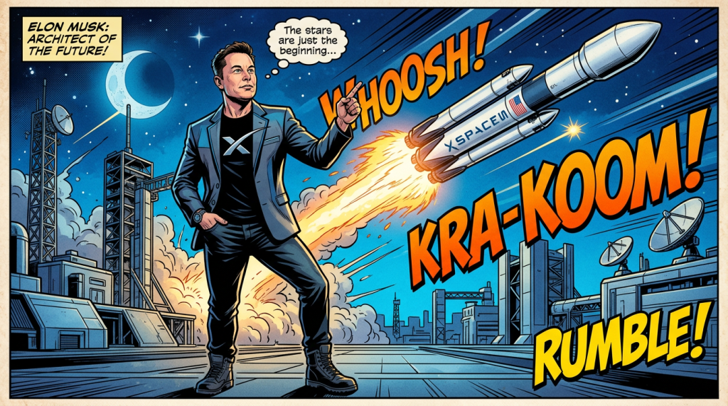Comic panel reading “ELON MUSK: ARCHITECT OF THE FUTURE!”, “The stars are just the beginning…”, “WHOOSH!”, “KRA-KOOM!”, and “RUMBLE!” with Elon Musk and a rocket.